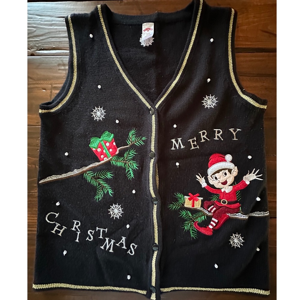 Holiday Time Christmas Sweater Vest Black Elf Merry Christmas Gold Trim S 4-6